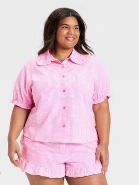 Auden 100% Cotton Ruffle Short Sleeve Pajama Set Size 2X NWT Pink Gingham